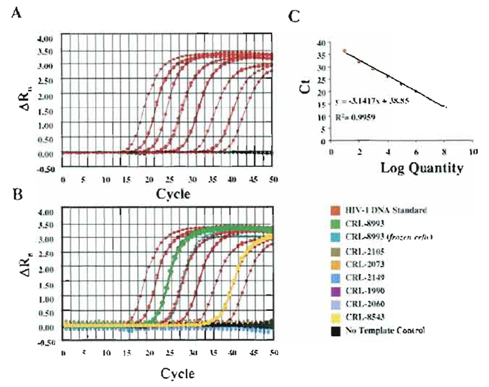 FIGURE 2 Real-time PCR assays for the detection and quantitation of HIV. Amplification plots (A) and standard curves (B) generated for the quantitation of HIV. (C) Amplification plots of unknown templates (total RNA from human cell lines).