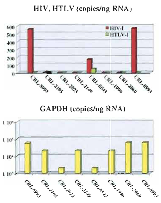 FIGURE 4 Detection and quantitation of HIV, HTLV, and GAPDH transcripts based on real-time PCR analyses.