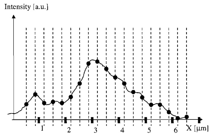 FIGURE 1 Diagram of a microscope image as a continuous function over space (here indicated as the X coordinate). Dashed lines indicate the points at which the function is sampled (its value is recorded).