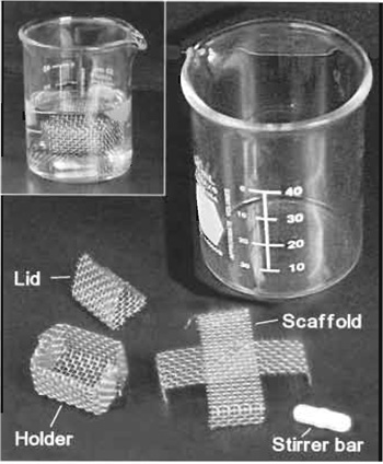 FIGURE 1 Accessories for CPD: specimen holder, lid for holder, and scaffold are made from stainless steel mesh. Inset shows an assembled set.