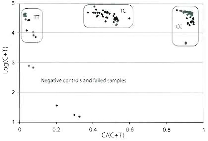 FIGURE 5 Scatter plot for one SNP with a C/T variation in 56 samples. The logarithm of the sum of the fluorescent signal from both alleles. C + T, on the Y axis has been plotted against the ratio, C/(C + T), on the X axix. The three distinct clusters represent the three different genotypes, where two negative controls and three failed samples fall outside the clusters.