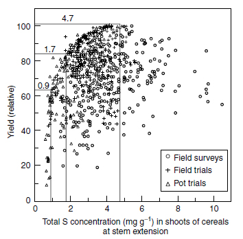 Scattergram of total sulfur in shoots and yield data for cereals in relation to experimental conditions 