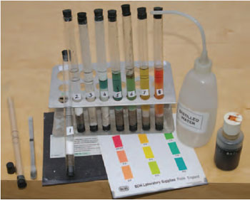 Figure 20.3 Soil pH testing. Equipment required includes test tubes, spatula, barium sulphate, pH indicator, colour chart. 1 Barium sulphate added to soil. 2 Distilled water added. 3 Shake. 4 Add indicator and leave to stand. 5,6,7,8 Check colour against the chart to find soil pH