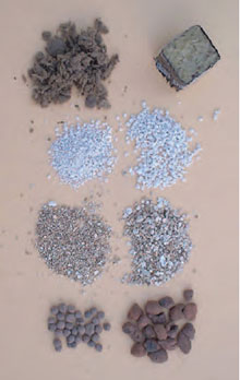 Figure 22.3 Growing media. Top to bottom: rockwool, perlite, vermiculite, expanded clay aggregates