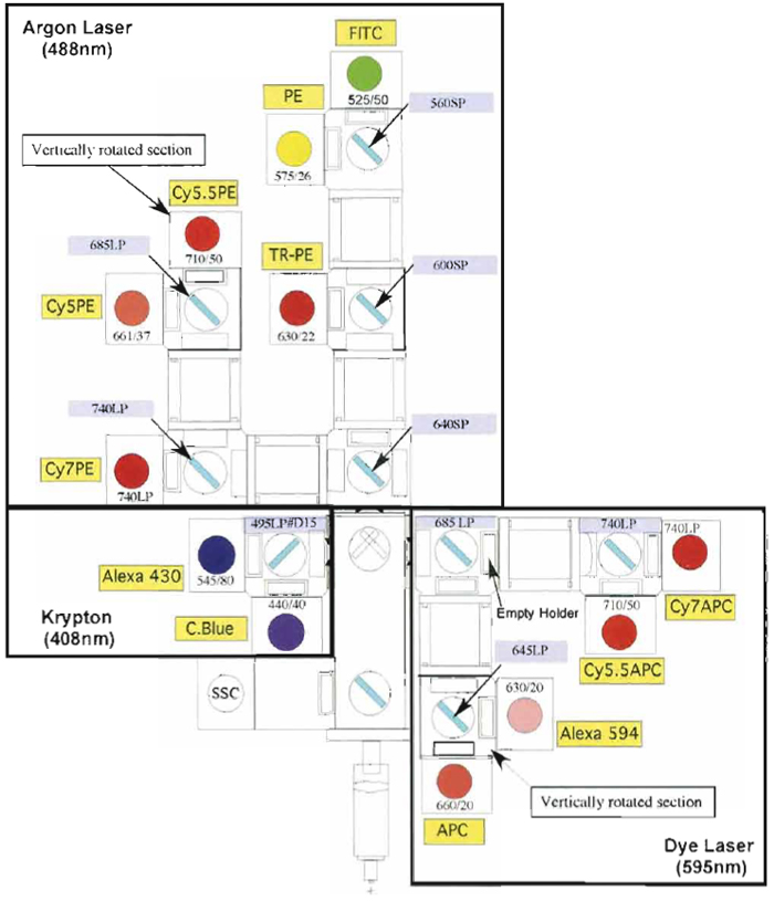 FIGURE 3 Digital Vantage optical configuration used to detect 12 colors using three lasers: 488-nm argon, 408-nm krypton, and 595-nm dye lasers. Each section of detectors is outlined (black boxes) to indicate the laser associated with the emission. Also illustrated are the dichroic mirrors and bandpass filter combinations for each PMT.