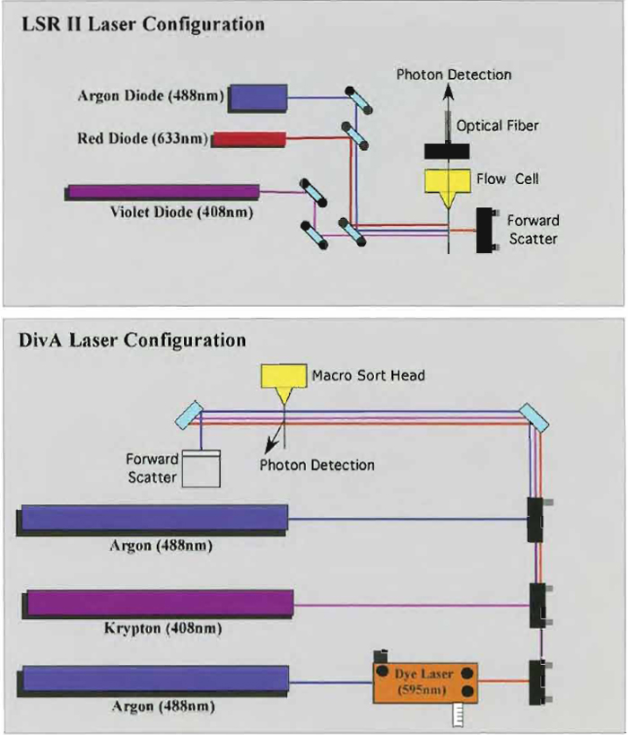 FIGURE 5 Comparison between the Digital Vantage and the LSR II laser configuration system. Due to the use of the low-powered diode laser in the LSR II system, this instrument can be very compact and inexpensive to operate.