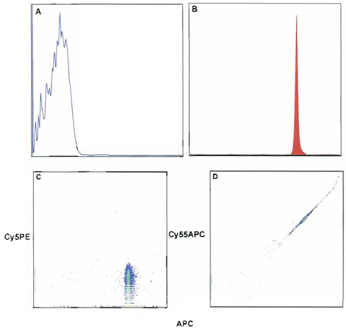 FIGURE 8 Fluorescent intensity of unstained (A) compensation beads (anti-mouse κ) and stained beads with anti-CD8 APC (B). (C and D) The effect of contaminated light from the excitation of CD8- APC. In C, no ompensation is required because no contaminating light or spillover occurs into the Cy5PE channel. However, D shows that compensation correction is required because of the large spillover of contaminating light into the Cy55APC channel. After applying compensation correction, D will appear like C.