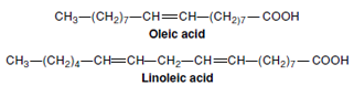Unsaturated fatty acids: oleic acid having one double bond and linoleic acid having two double bonds. The remainder of the hydrocarbon chains of both acids is saturated.