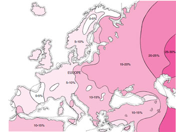 Frequencies of the blood-type B allele among humans in Europe. The allele is more common in the east and rarer in the west. The allele may have arisen in the east and gradually diffused westward through the genetic continuity of human populations. This allele has no known selective advantage; its changing frequency probably represents the effects of random genetic drift.