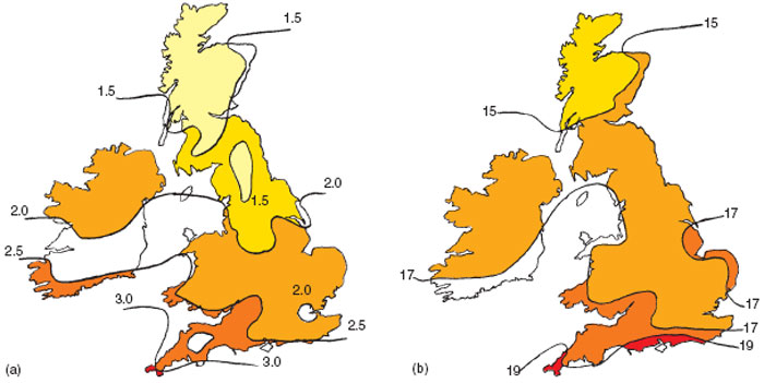 Radiation received in the British Isles ; mean daily radiation given in megajoules per metre square. (a) 